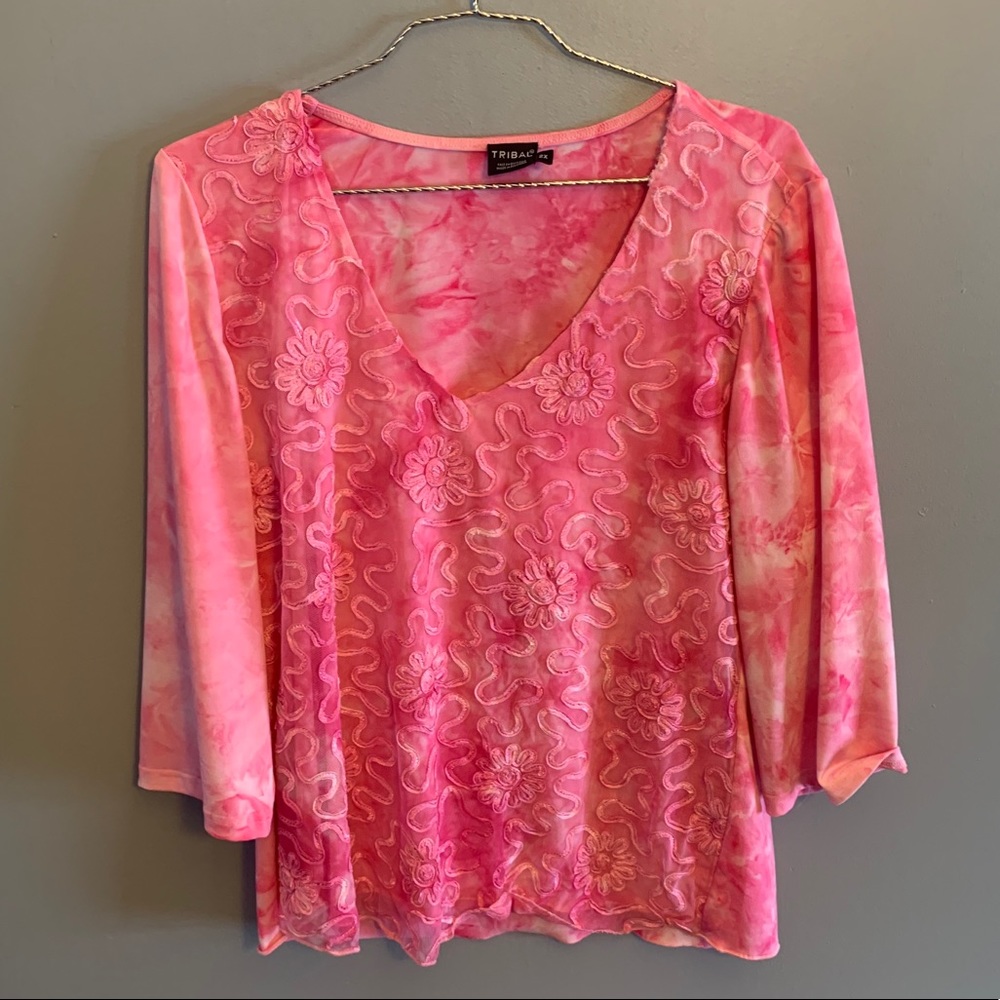 Tribal Pink Floral Embroidered V-Neck Top